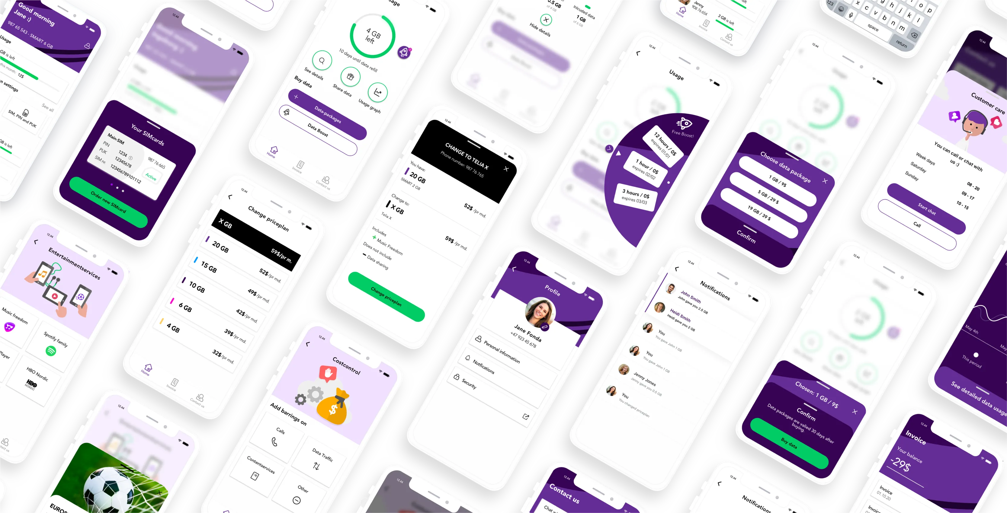 Mange skjermer fra Telia-appen