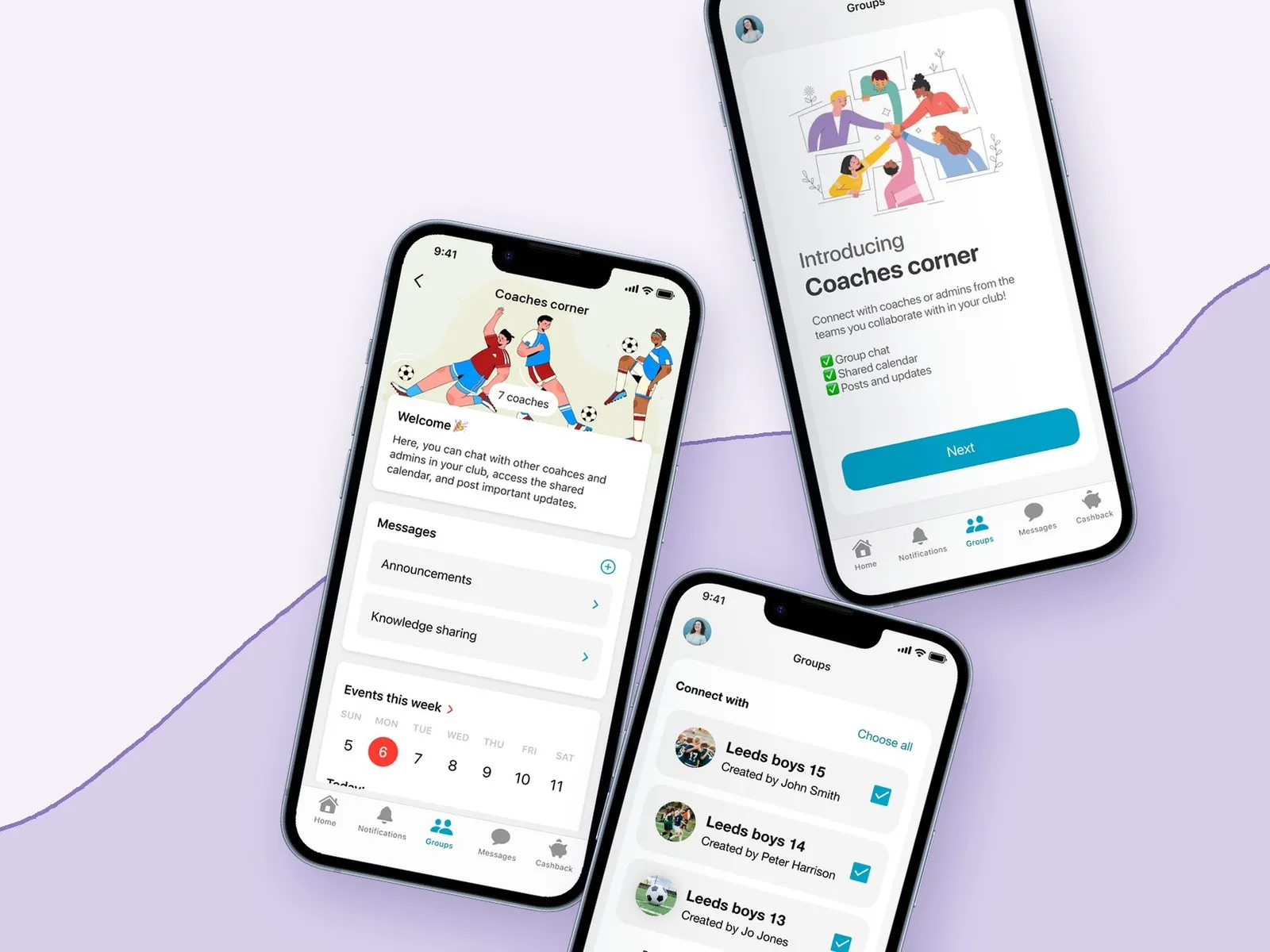 Tre mobiler som viser Coaches Corner i Spond-appen