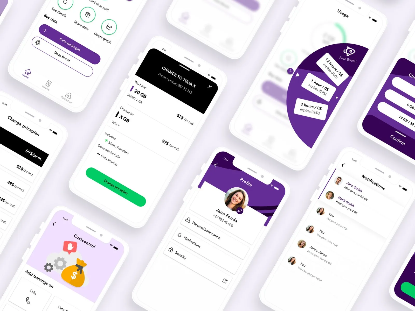 Mange skjermbilder fra Telia-appen, lagt på skrå