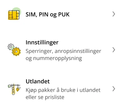 Enkeltstående kort med illustrasjoner: SIM, PIN og PUK, innstillinger og utlandet