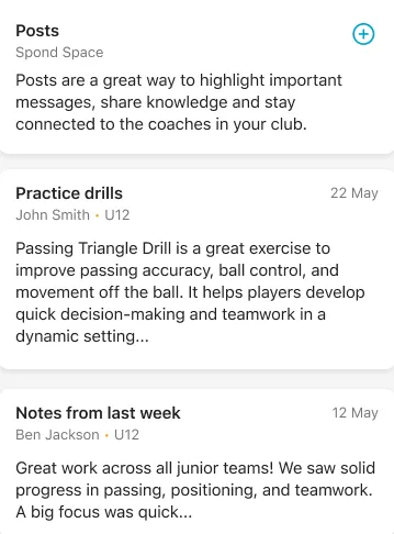 Skjermbilde fra prototypen: Club posts