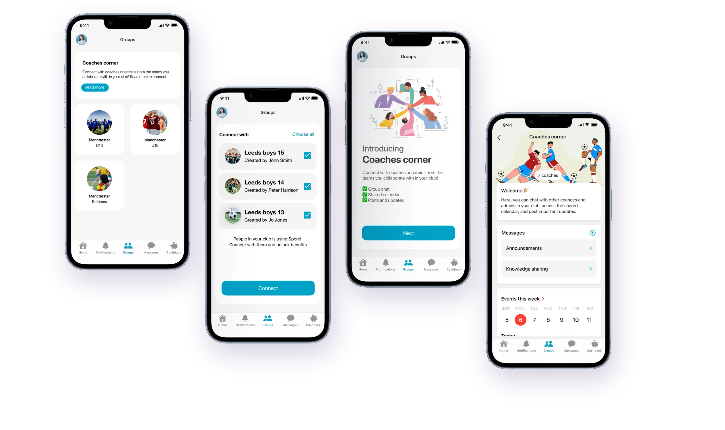 Fire mobiler som viser gruppesiden, Connect with, introduksjonen til Coaches Corner og Coaches Corner
