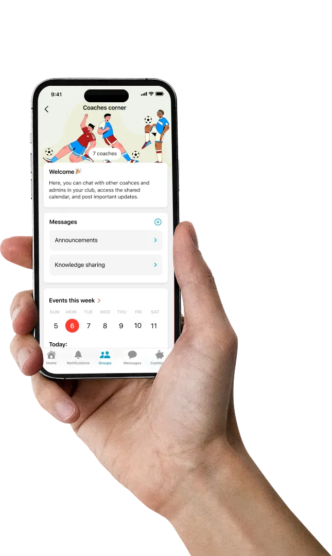 En hånd som holder en mobil med Spond-appen