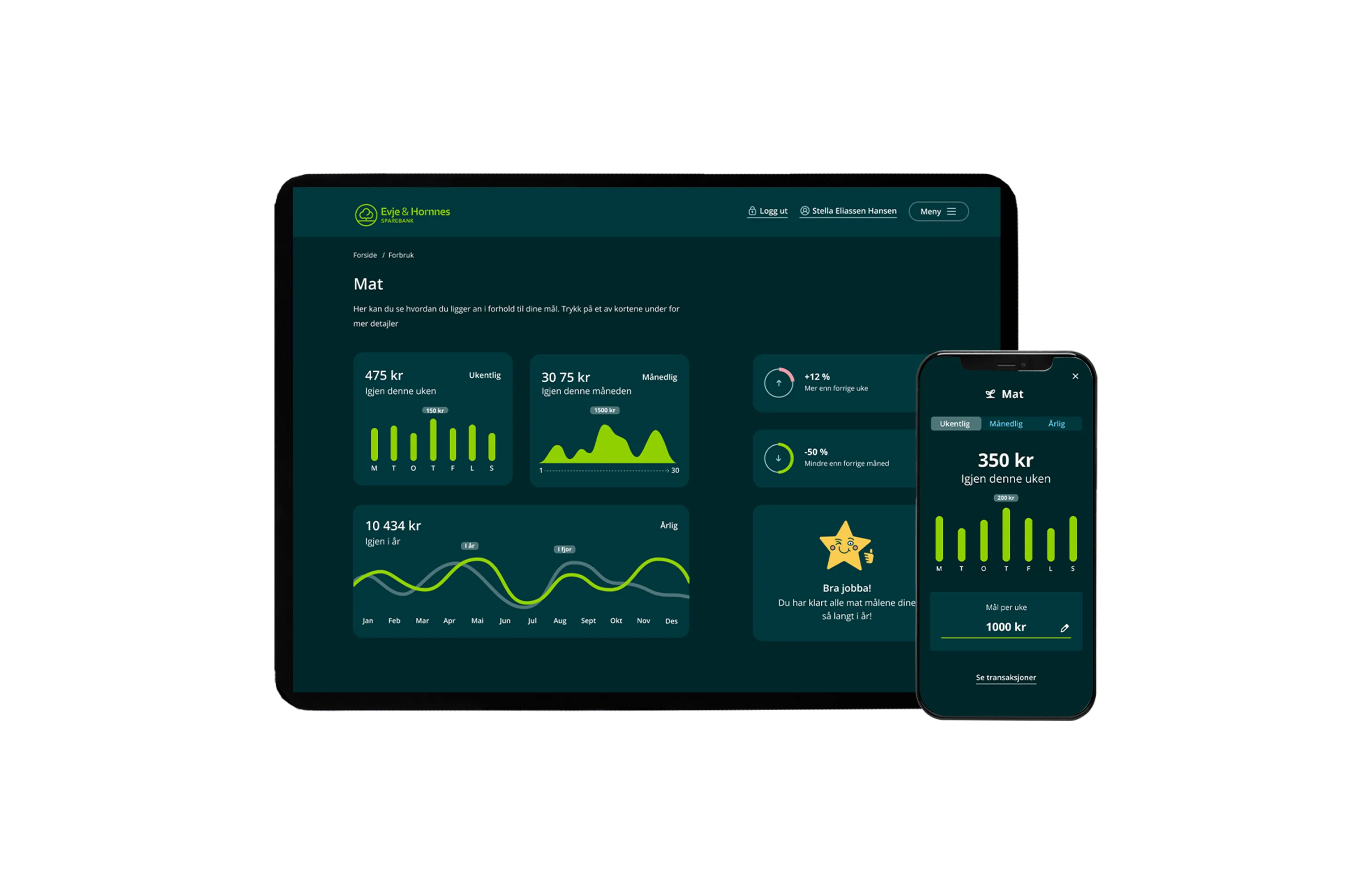 Nettbrett og mobil som viser Mitt forbruk i Eika sin nettbank