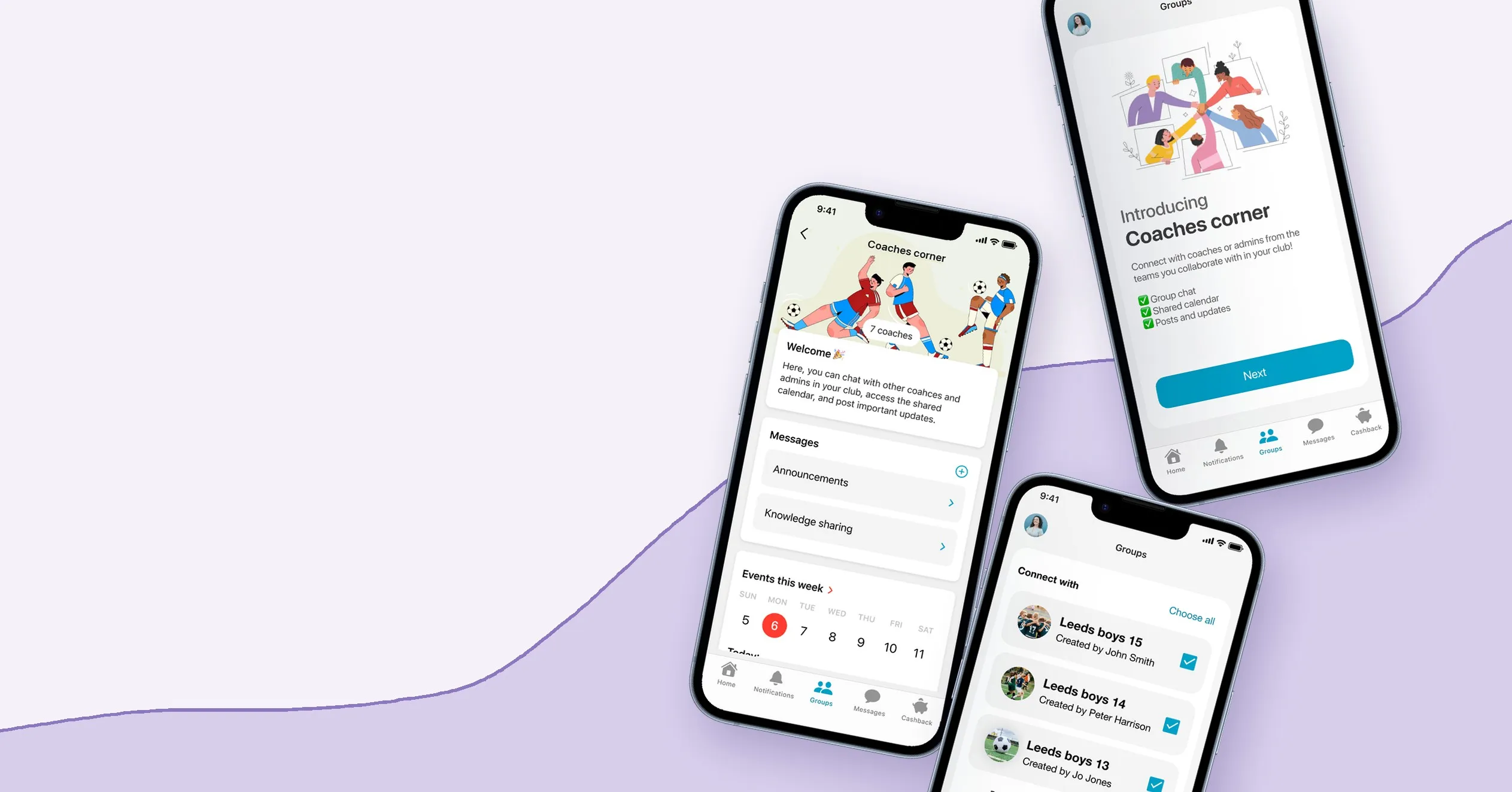 Tre mobiler som viser Coaches Corner i Spond-appen