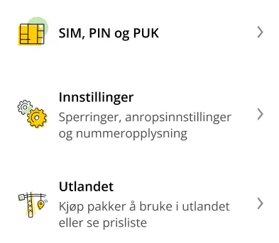 Tjenester: SIM, PIN og PUK, innstillinger og utlandet