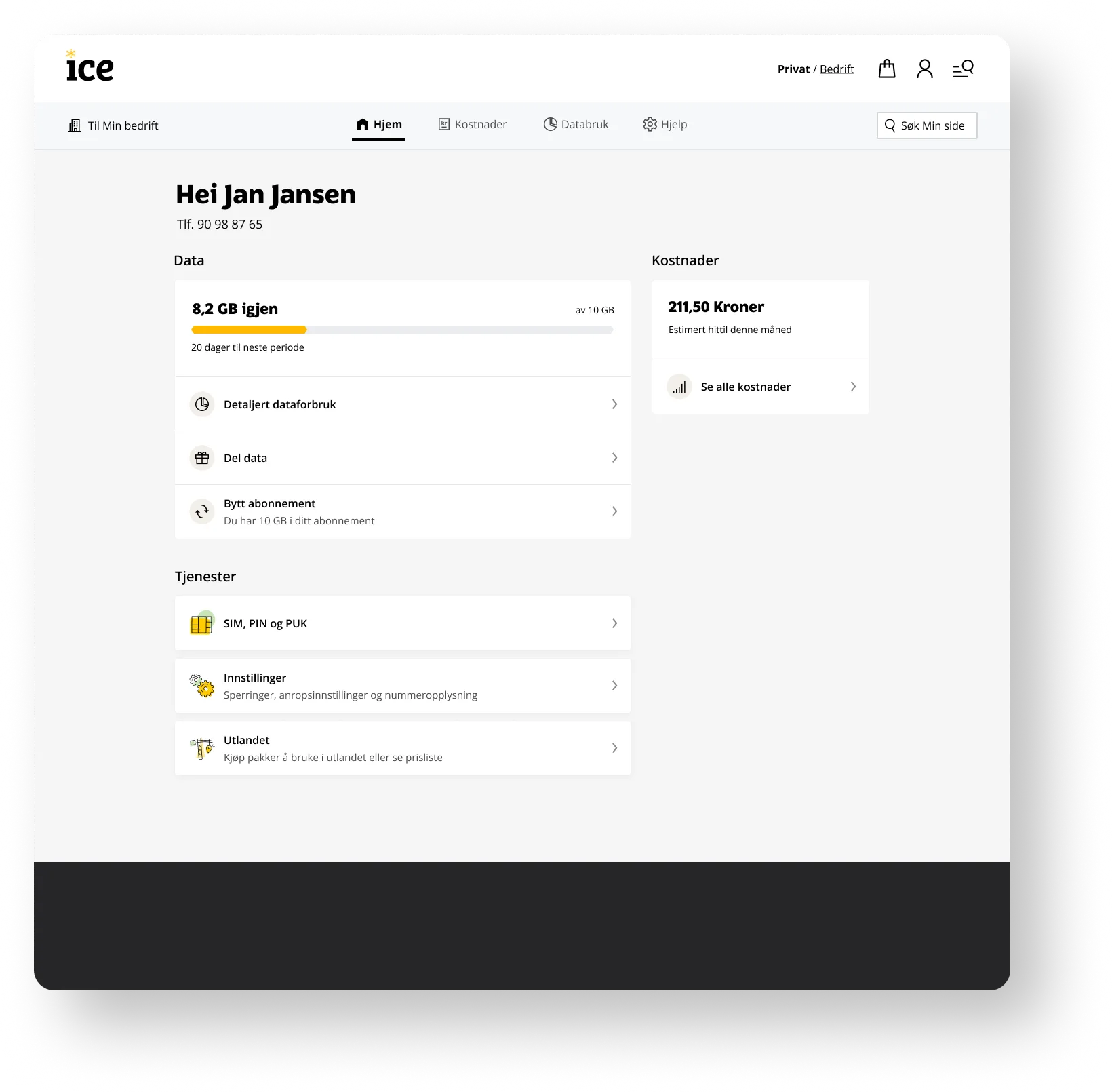 Hjem på Min side i nettleseren