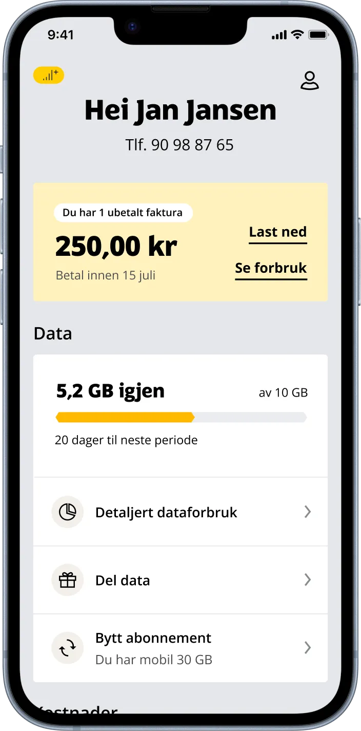 Hjem-skjermen med ubetalt faktura øverst