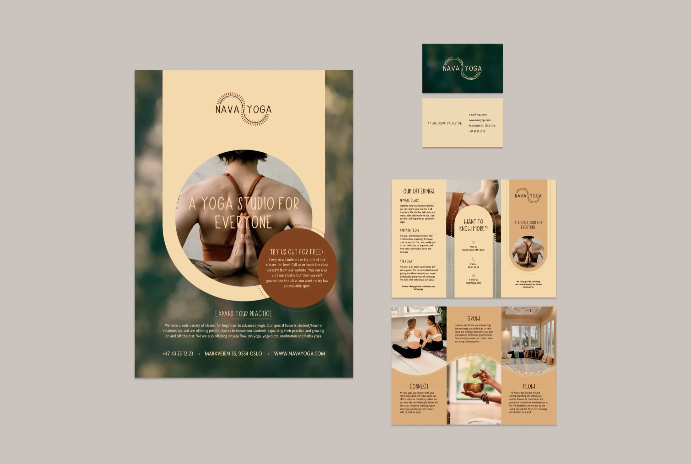 Profilen til Nava Yoga: plakat, brosjyre og visittkort
