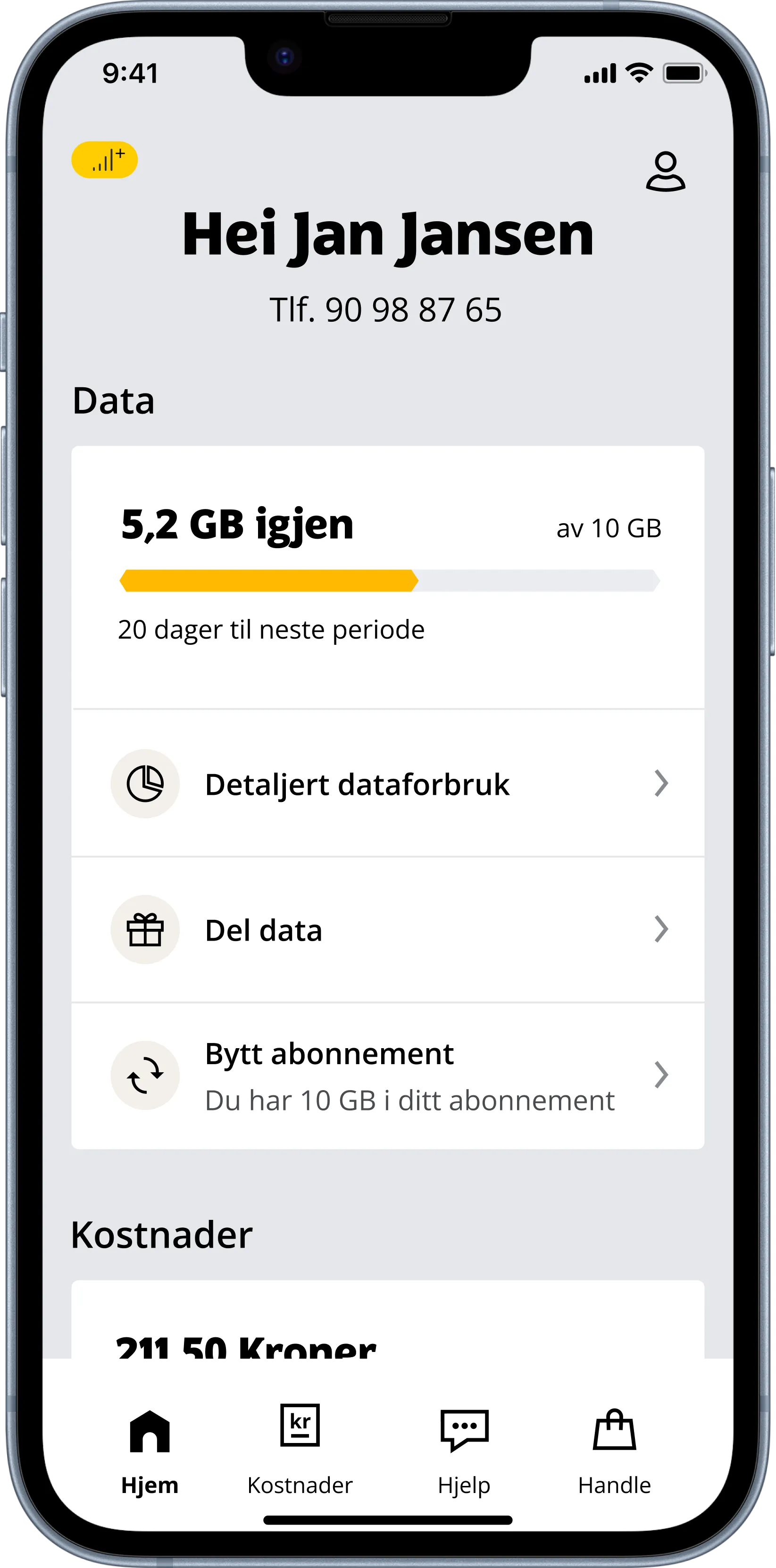 Hjem-skjermen med profil i høyre hjørne