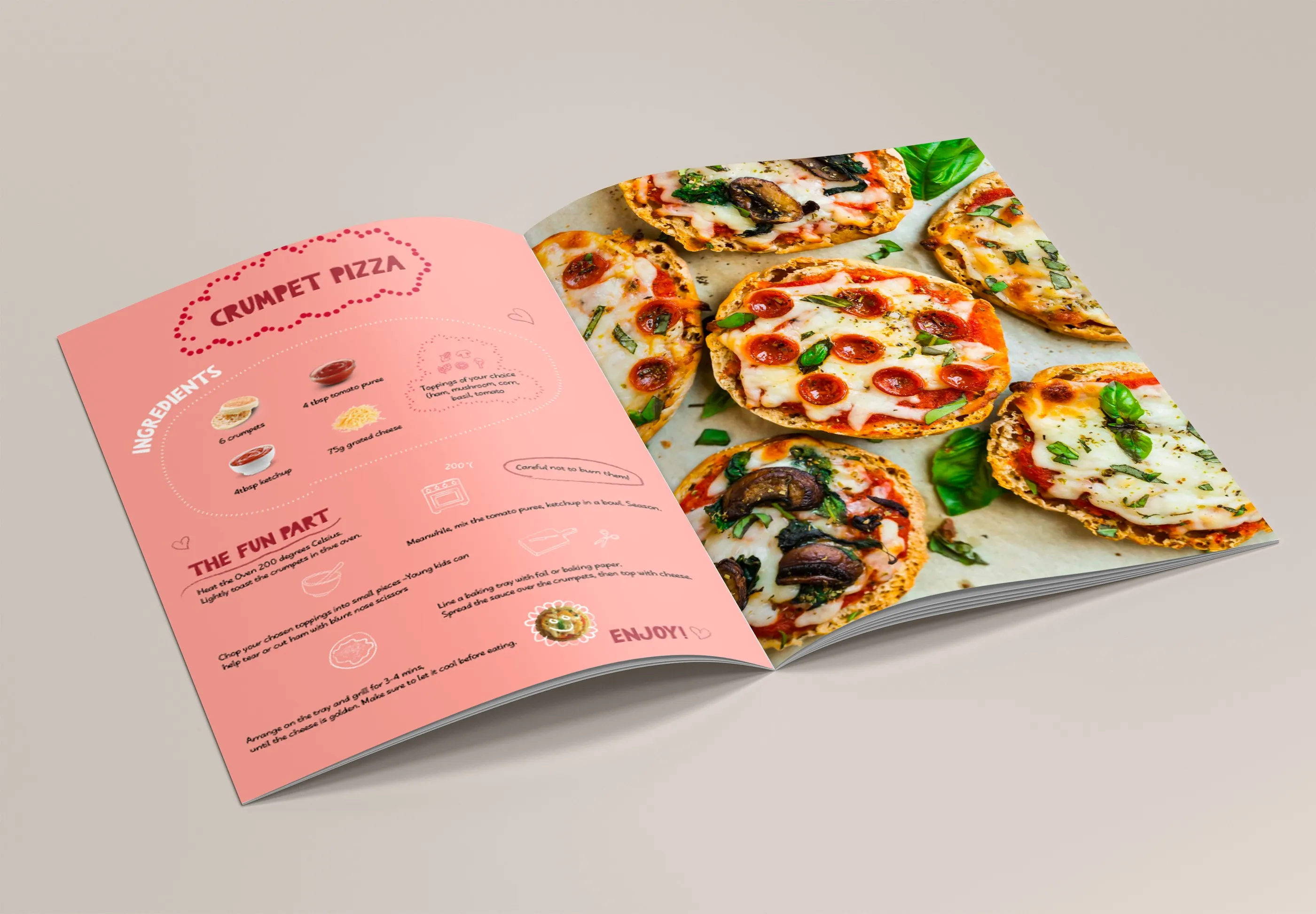 Oppslag med oppskrift på crumpet-pizza