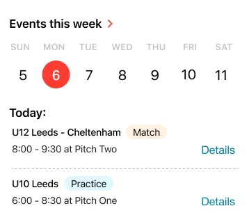 Skjermbilde fra prototypen: Shared club calendar