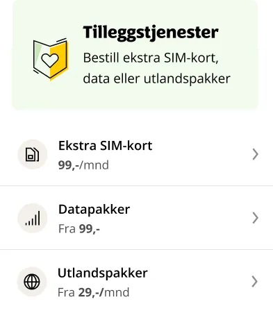 Tilleggstjenester: ekstra SIM-kort, datapakker og utlandspakker